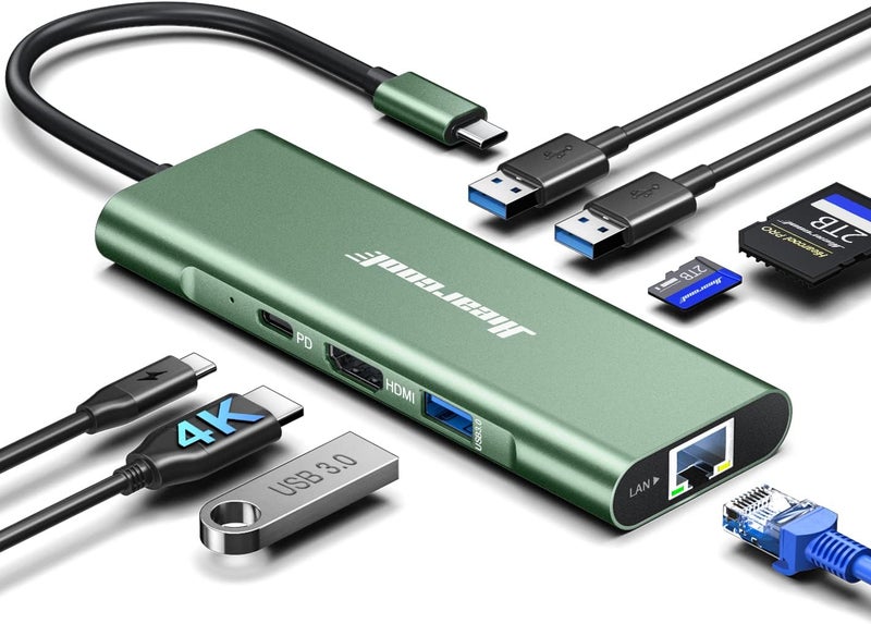 Hiearcool USB C Hub, 8 in 1 USB C Hub Multi-Port Adapter with Gigabit Ethernet, USB C to 4K@60Hz HDMI Dock Dongle for MacBook Pro Air M1 M2 and Type C Laptops-Green - Image 1